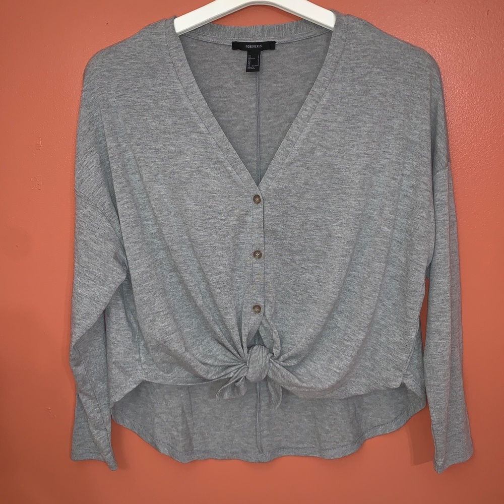 Knit tie front grey top